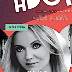 Plakat "Żona do adopcji" z portretami aktorów: mężczyzny z brodą, kobiety i mężczyzny z zaciekawionym spojrzeniem.