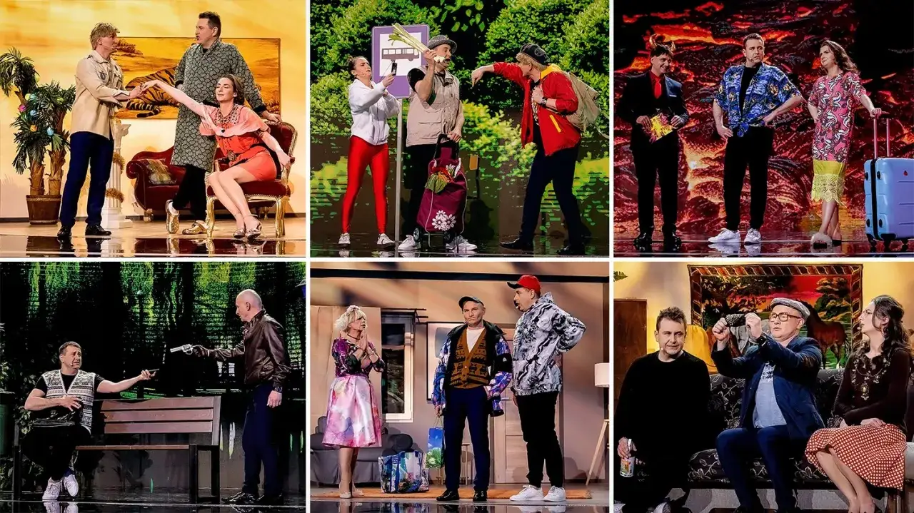 Kabaret K2 skład w różnych scenkach: od sceny z tygrysem, przez przystanek autobusowy, po domowe wnętrza.